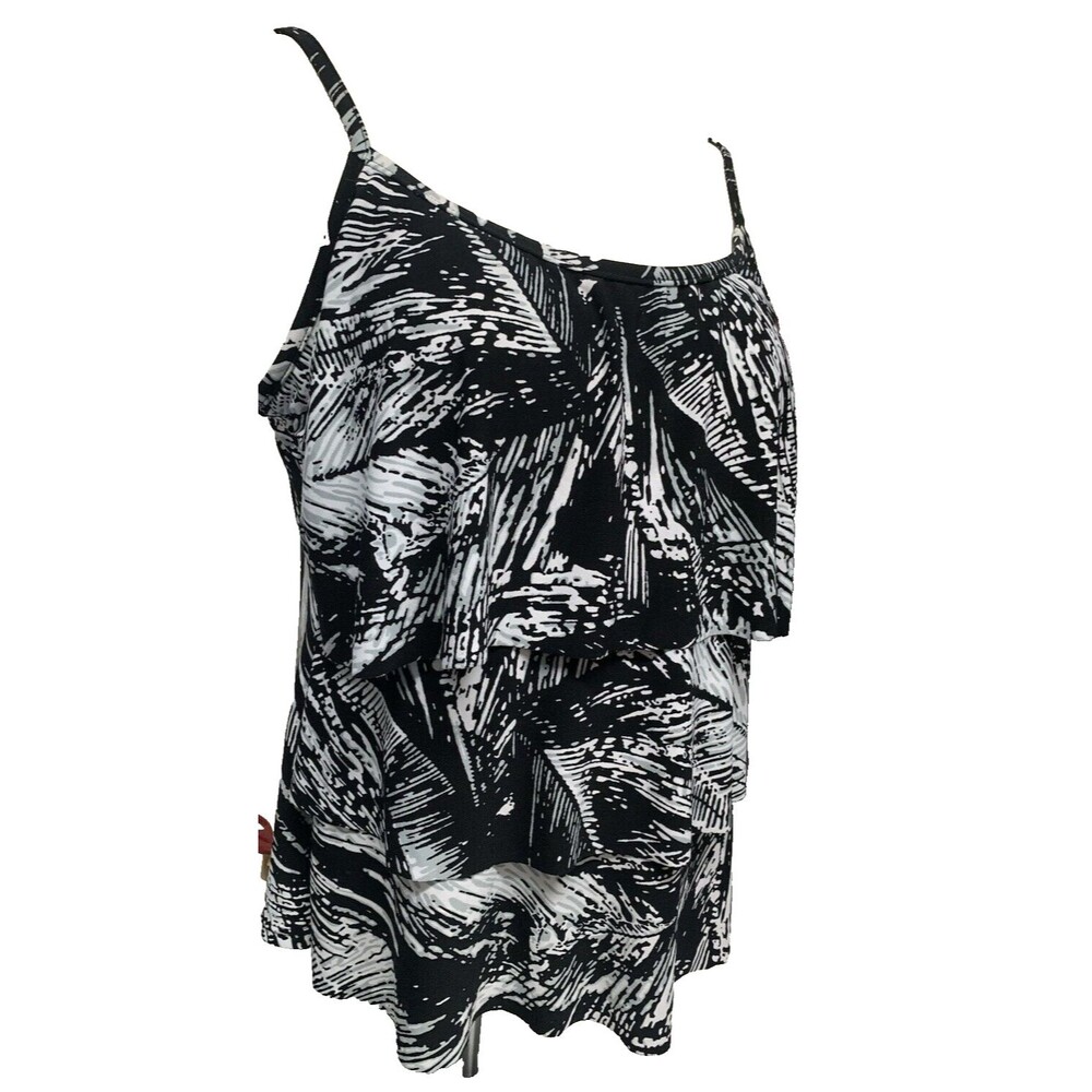 Jamaica Bay Tiered Tankini Top Women's Size 14 Black & White Fluttery